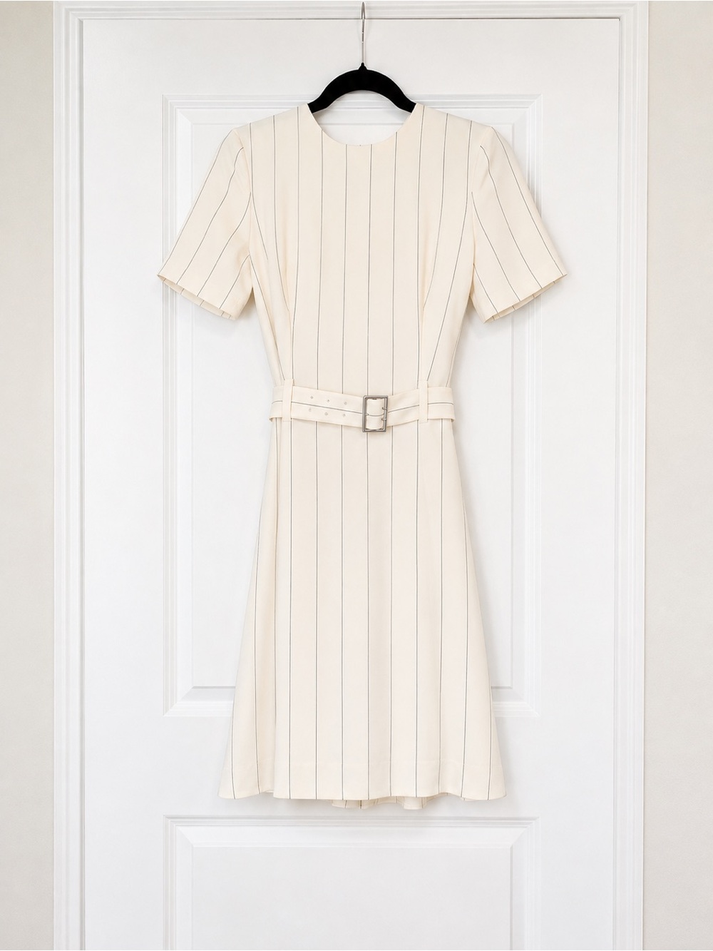 MUGLER by David Koms - Cream Pinstripe Belted Short-Sleeve Mini Dress